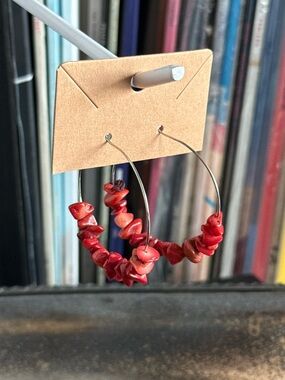 Rock & Vibe Red Coral Silver Tone Hoop Earrings Boho Hippie Bohemian